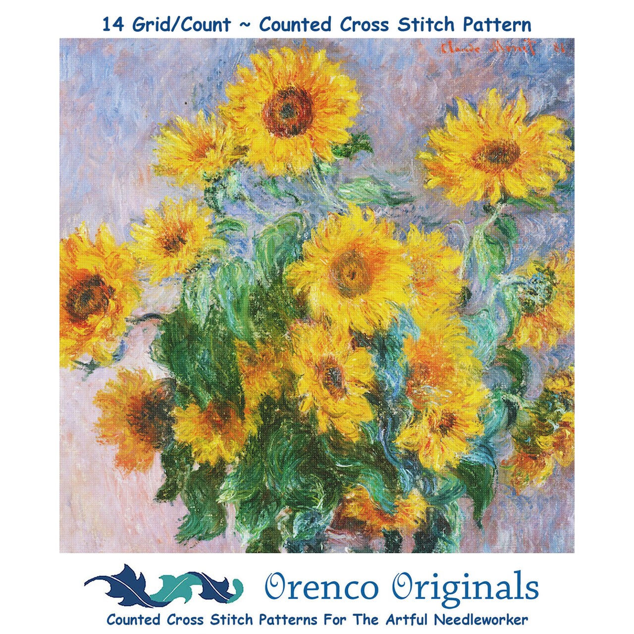 Sunflowers inspired by Claude Monet's Impressionist painting Counted Cross Stitch Pattern